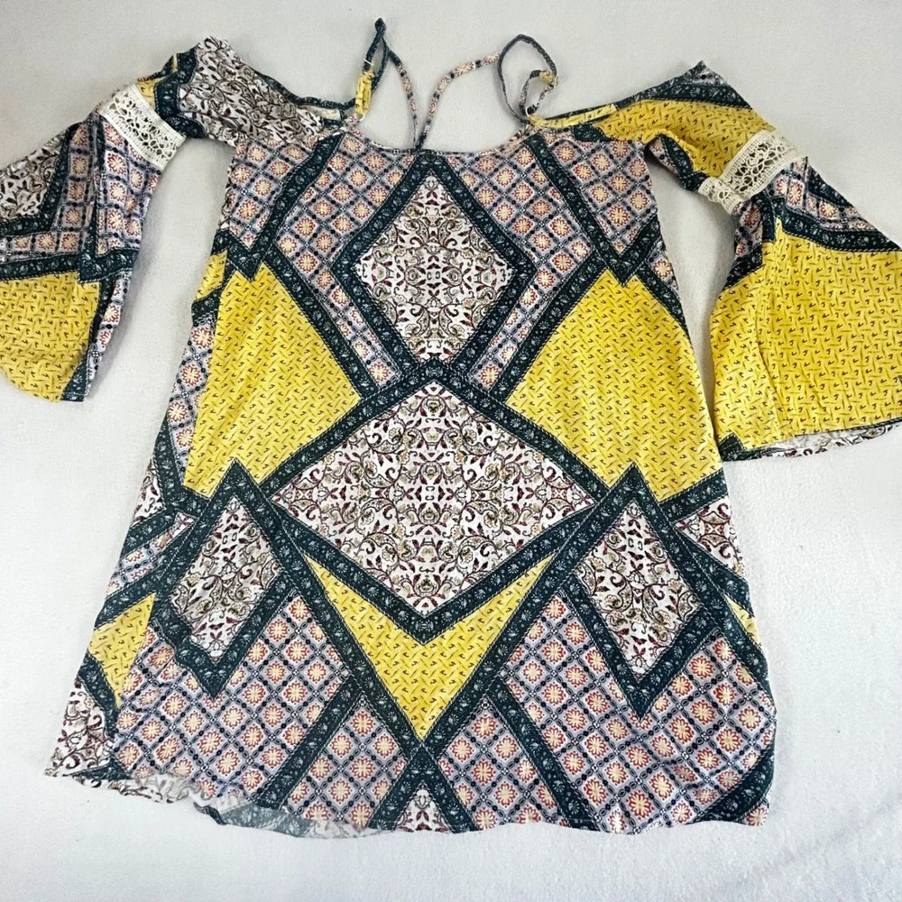 Xhilaration Womens Boho Cold Shoulder Bell Sleeve Patchwork Mini Dress Yellow S - Picture 5 of 11